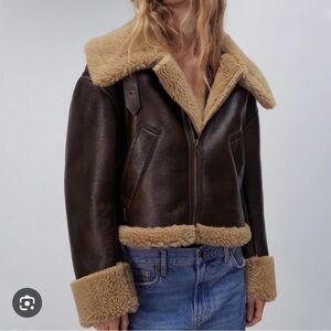 Zara Faux Shearling Aviator Jacket Brown Cropped Teddy Lined Size S
